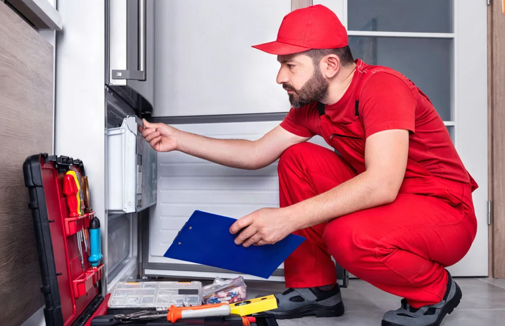appliance repair technician working on a refrigerator for a client in baltimore